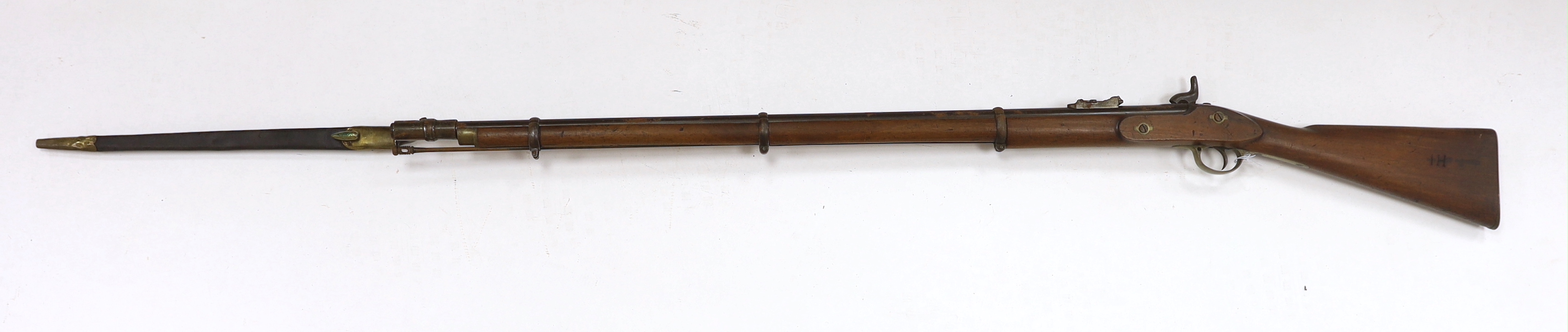 A .577 inch three band Enfield Military percussion rifle, lock stamped Tower 1868 with crown entail
